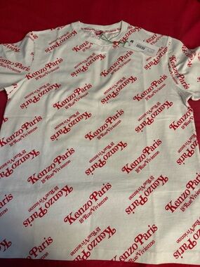Kenzo White Tee with All-Over Red Logo Print